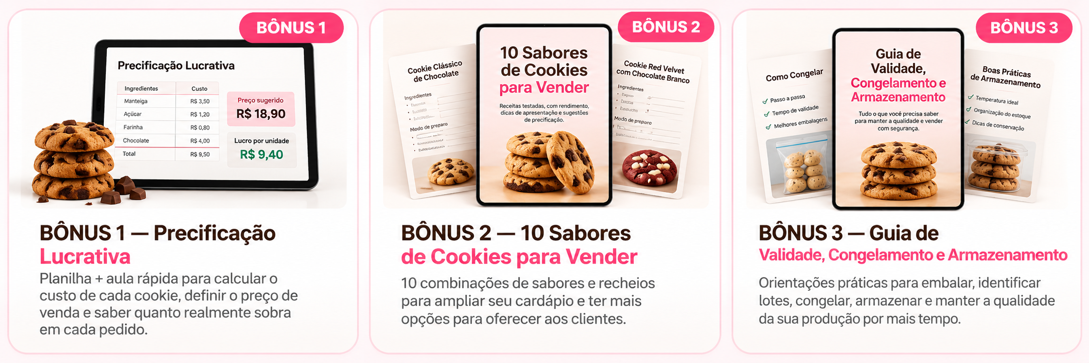 Mockups dos três bônus do Método Cookie Congelável