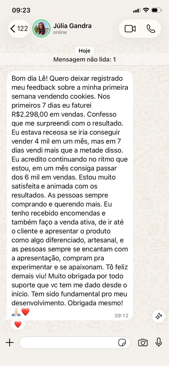 Depoimento de aluna relatando R$ 2.298 em vendas nos primeiros 7 dias